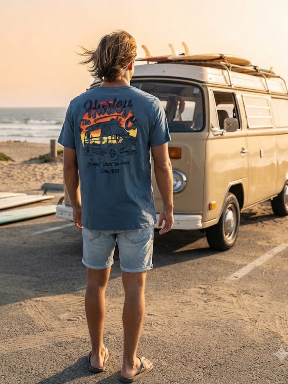 Hurley Creepin’ Down the Coast Graphic T-Shirt XL Blue Surf Van Short Sleeve Tee